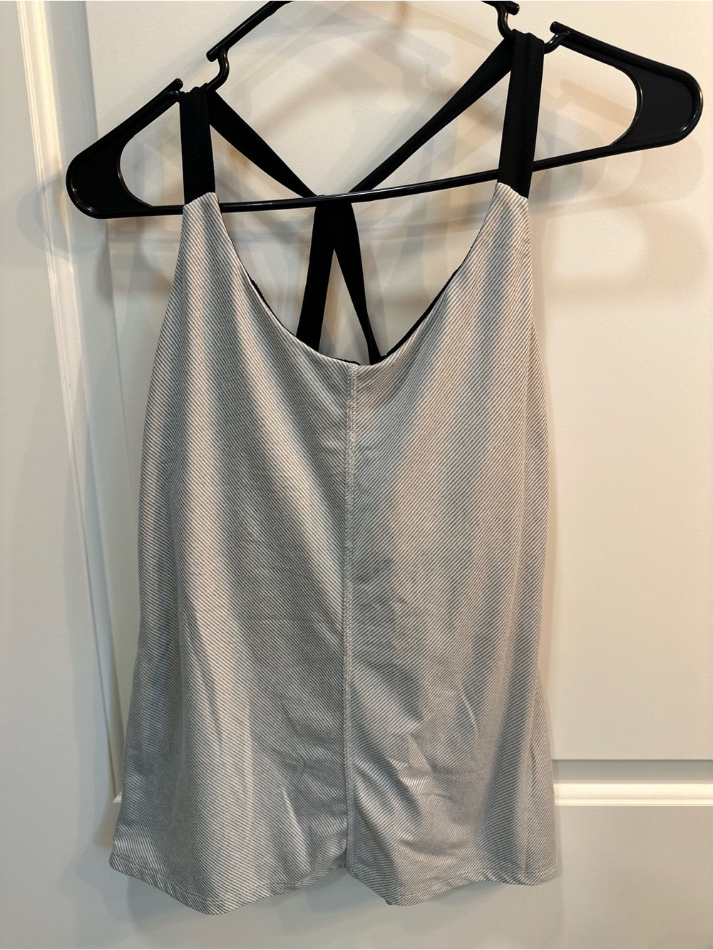 Striped Light Gray Tank with Black Crossback Straps